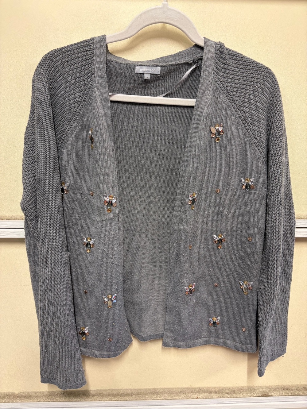 Maddison Gray Embellished Open-Front Sweater Cardigan - From France